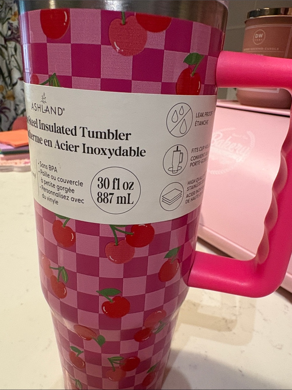 Ashland Pink Cherry Check Stainless Steel Tumbler with Pink Handle, no straw - Picture 2 of 4